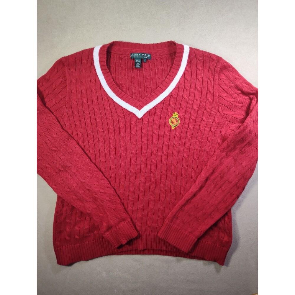 Vintage Ralph Lauren Active Cable Knit Sweater Crest Varsity Old Money Preppy LG